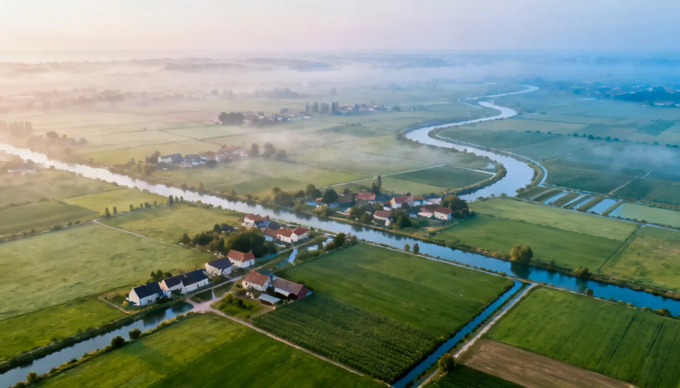 Vue aérienne d'un territoire agricole avec rivière